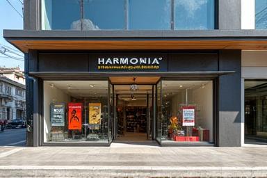 Fachada moderna da loja Harmonia Instrumentos Musicais em São Paulo