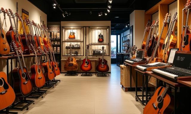 Interior da loja Harmonia mostrando instrumentos variados em exibição